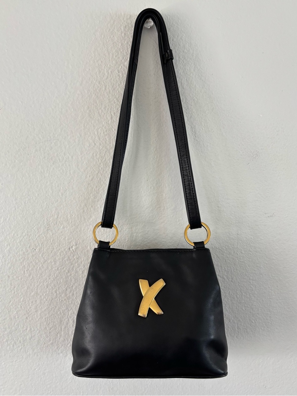 Vintage Petit Paloma Picasso Black Leather Shoulder/Crossbody w/ Gold "X" Logo